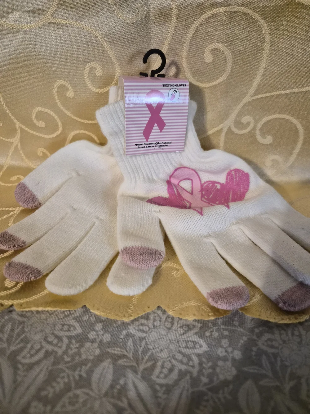 White Knit Gloves with Pink Ribbon Heart Design